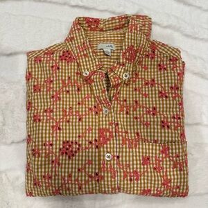Anthropologie ODILLE  Button Up Cotton Eyelet Embroided Gingham Shirt Size 0